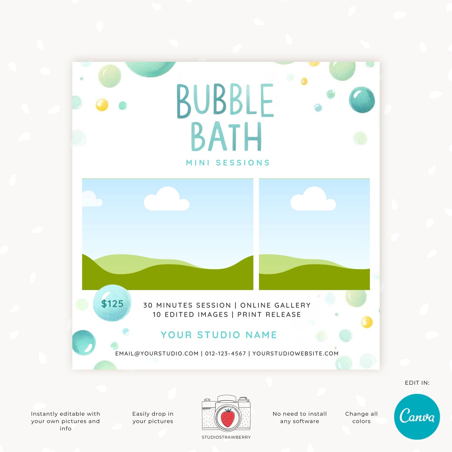 Bubble Bath Mini Sessions Template for Kids - Editable Canva Template, Child-Friendly Photo Session Marketing, Digital Download, Bath minis