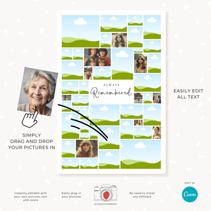 Personalized memorial photo display poster, ideal for celebration of life events, with customizable photo and text fields.