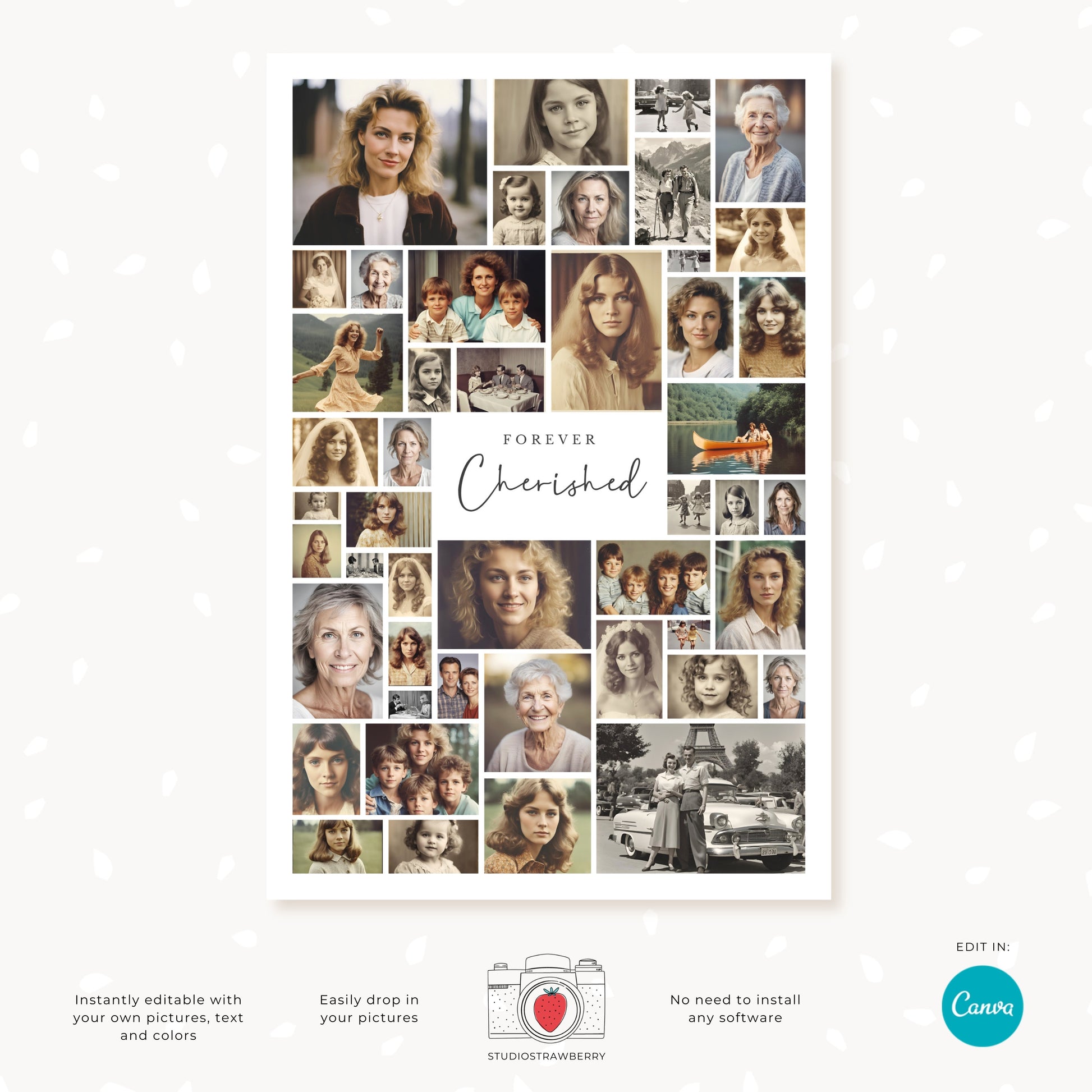 Customizable tribute photo collage template for funerals, featuring a collage of family memories and elegant text fields.
