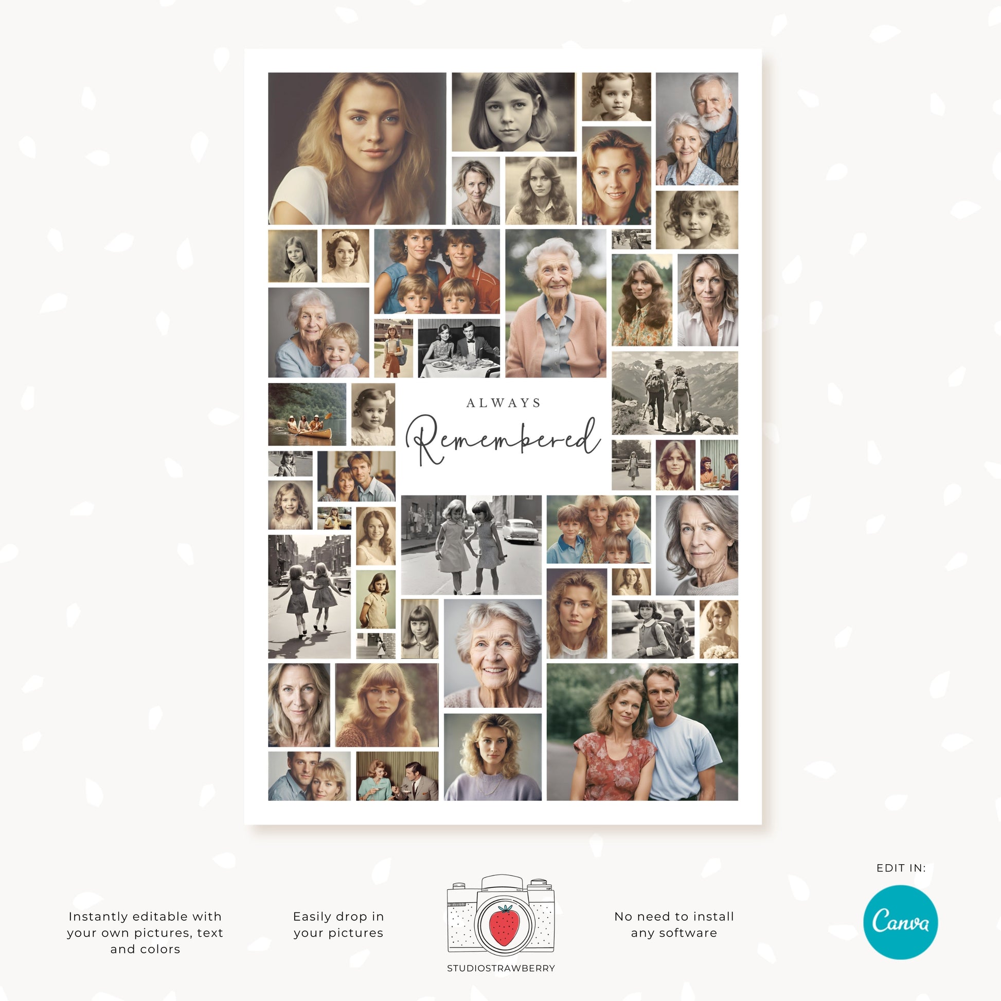 Elegant funeral picture collage template for Canva, featuring a serene design perfect for honoring a loved one&#39;s memory.