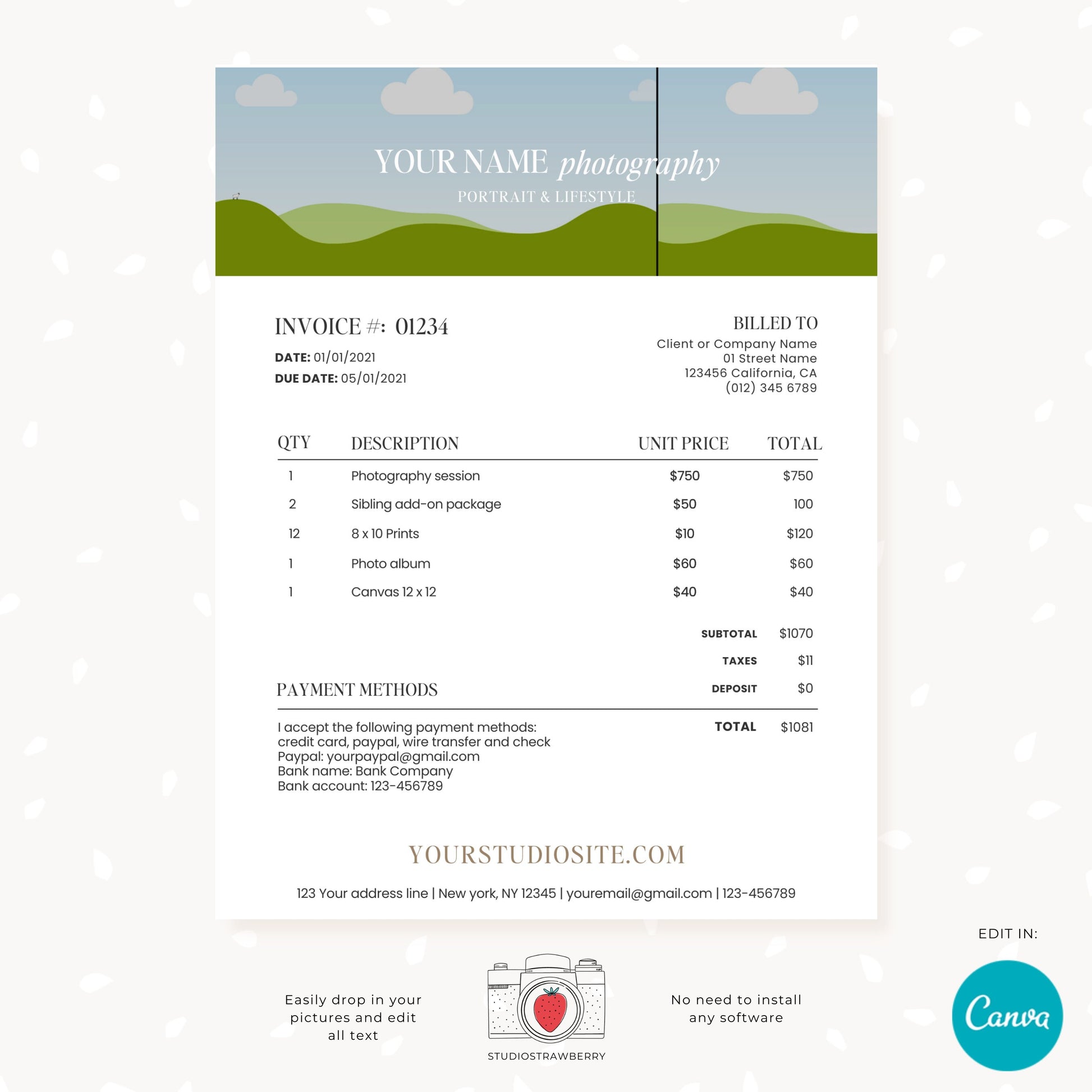 Editable Photography Invoice Template with Photo | Professional Canva Billing Design for Photographers | Customizable & Printable, C12