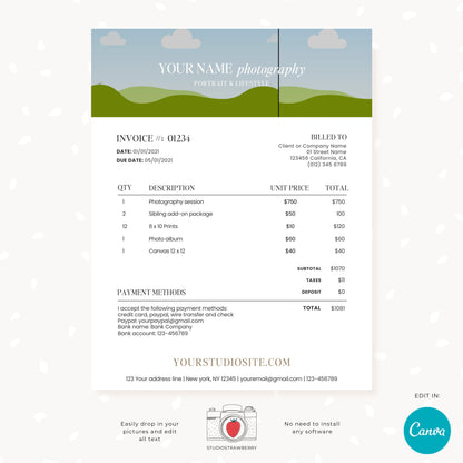 Editable Photography Invoice Template with Photo | Professional Canva Billing Design for Photographers | Customizable & Printable, C12