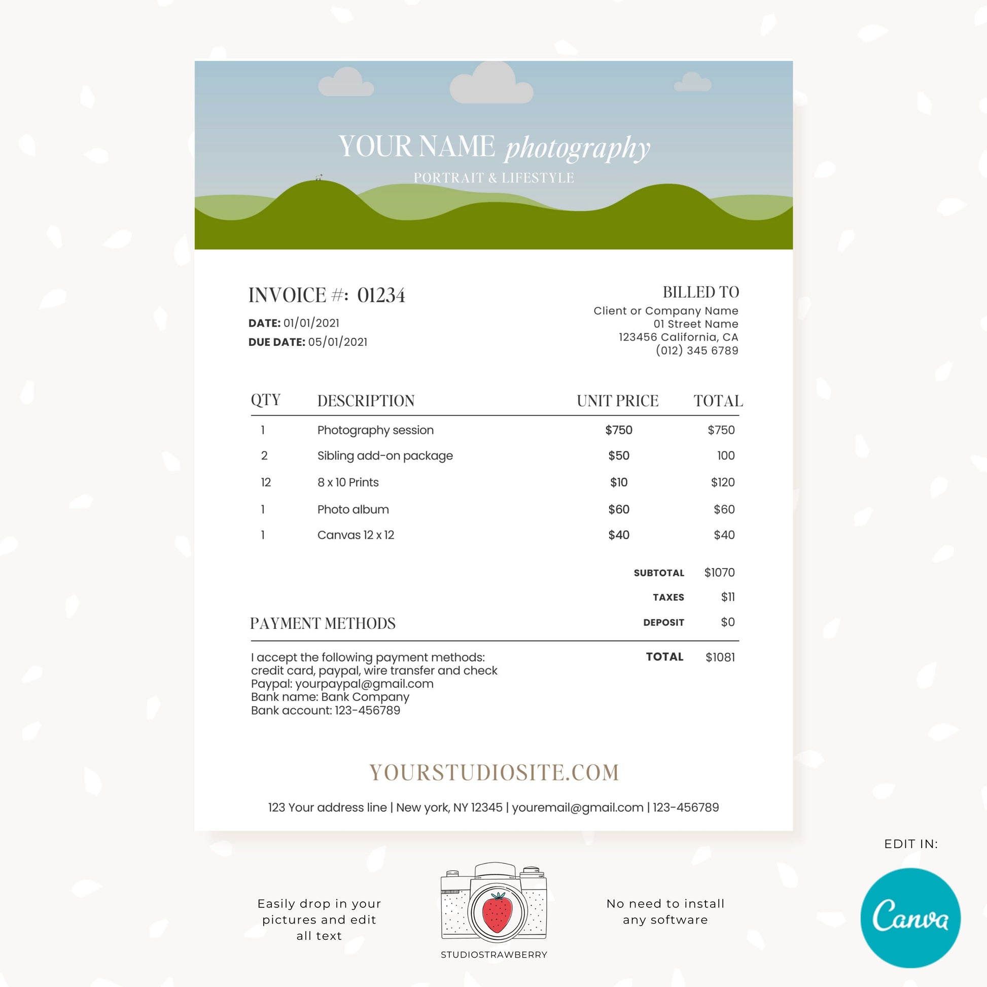 Editable Photography Invoice Template with Photo | Professional Canva Billing Design for Photographers | Customizable & Printable, C12