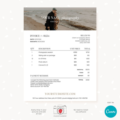 Editable Photography Invoice Template with Photo | Professional Canva Billing Design for Photographers | Customizable & Printable, C12