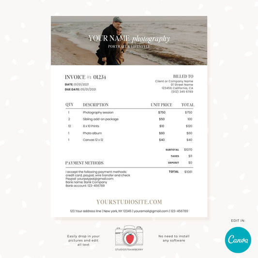 Editable Photography Invoice Template with Photo | Professional Canva Billing Design for Photographers | Customizable & Printable, C12