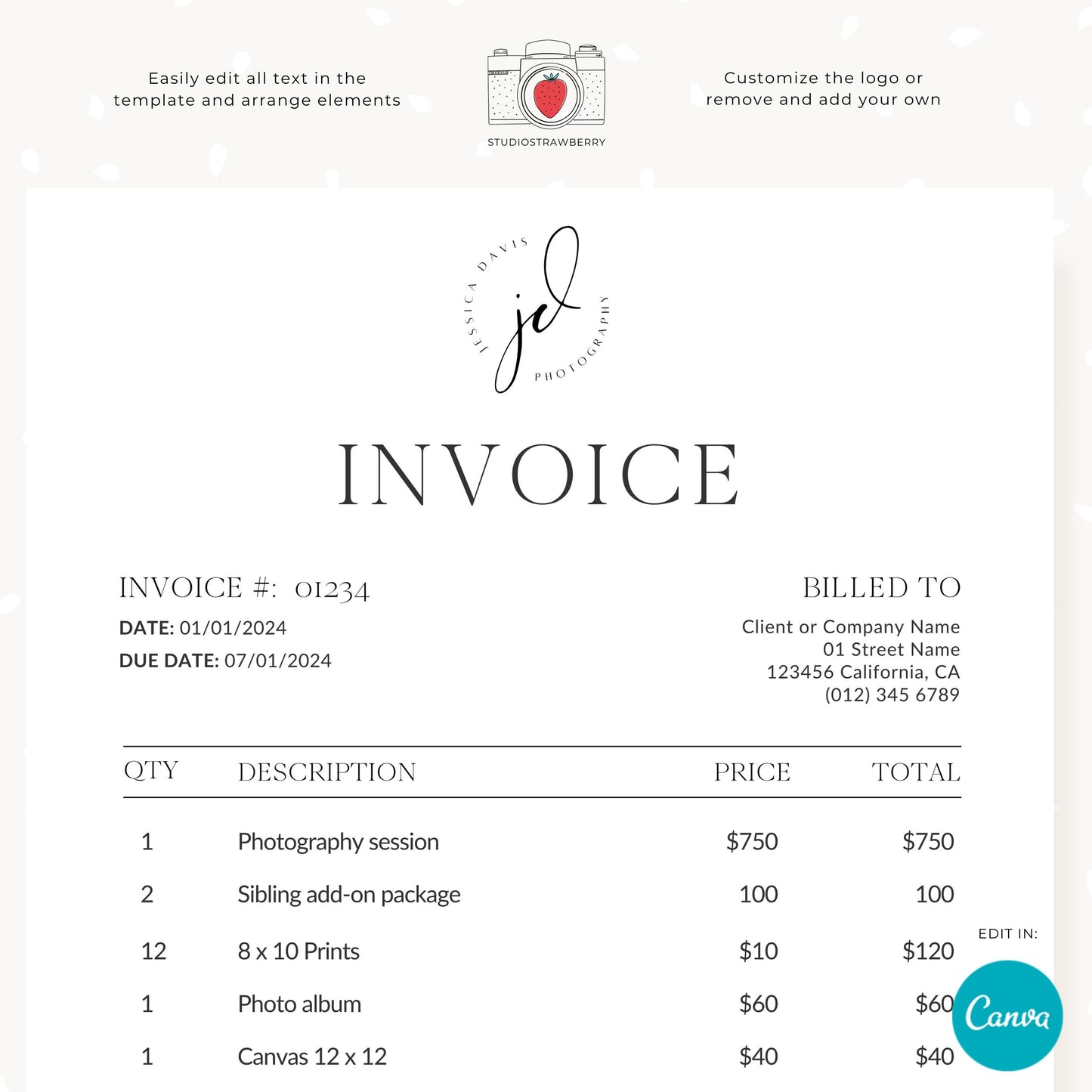 Minimalistic Invoice Template with Customizable Logo | Professional, Printable, and Editable Design for Businesses | Modern Invoice | C11