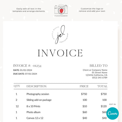 Minimalistic Invoice Template with Customizable Logo | Professional, Printable, and Editable Design for Businesses | Modern Invoice | C11