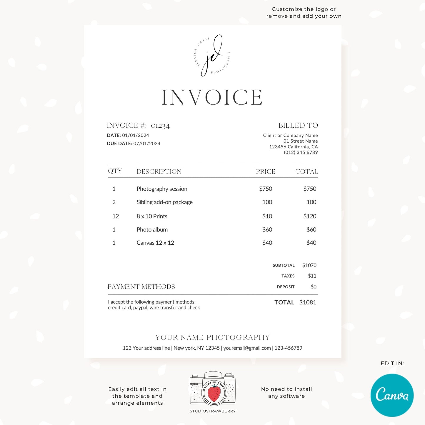 Minimalistic Invoice Template with Customizable Logo | Professional, Printable, and Editable Design for Businesses | Modern Invoice | C11