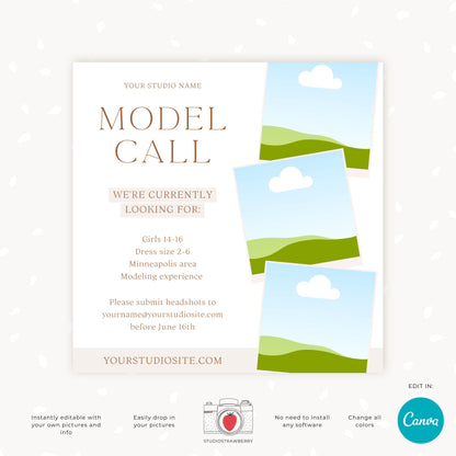 Editable Model Call Canva Template for Photography, Customizable Model Casting Flyer, Professional Printable Model Call Design, C10