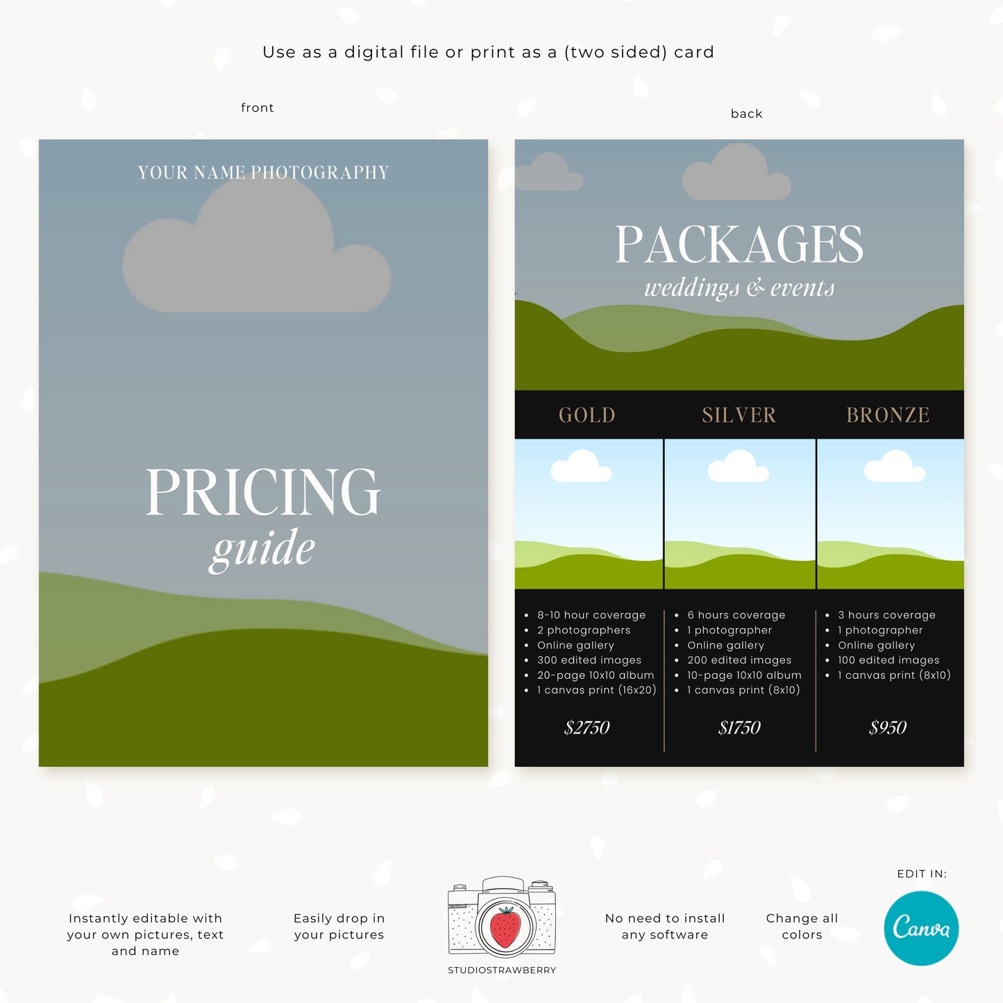 Editable Modern Photography Pricing Guide Template | Customizable Canva Photography Pricing Guide | Printable Wedding and Event Pricing C12