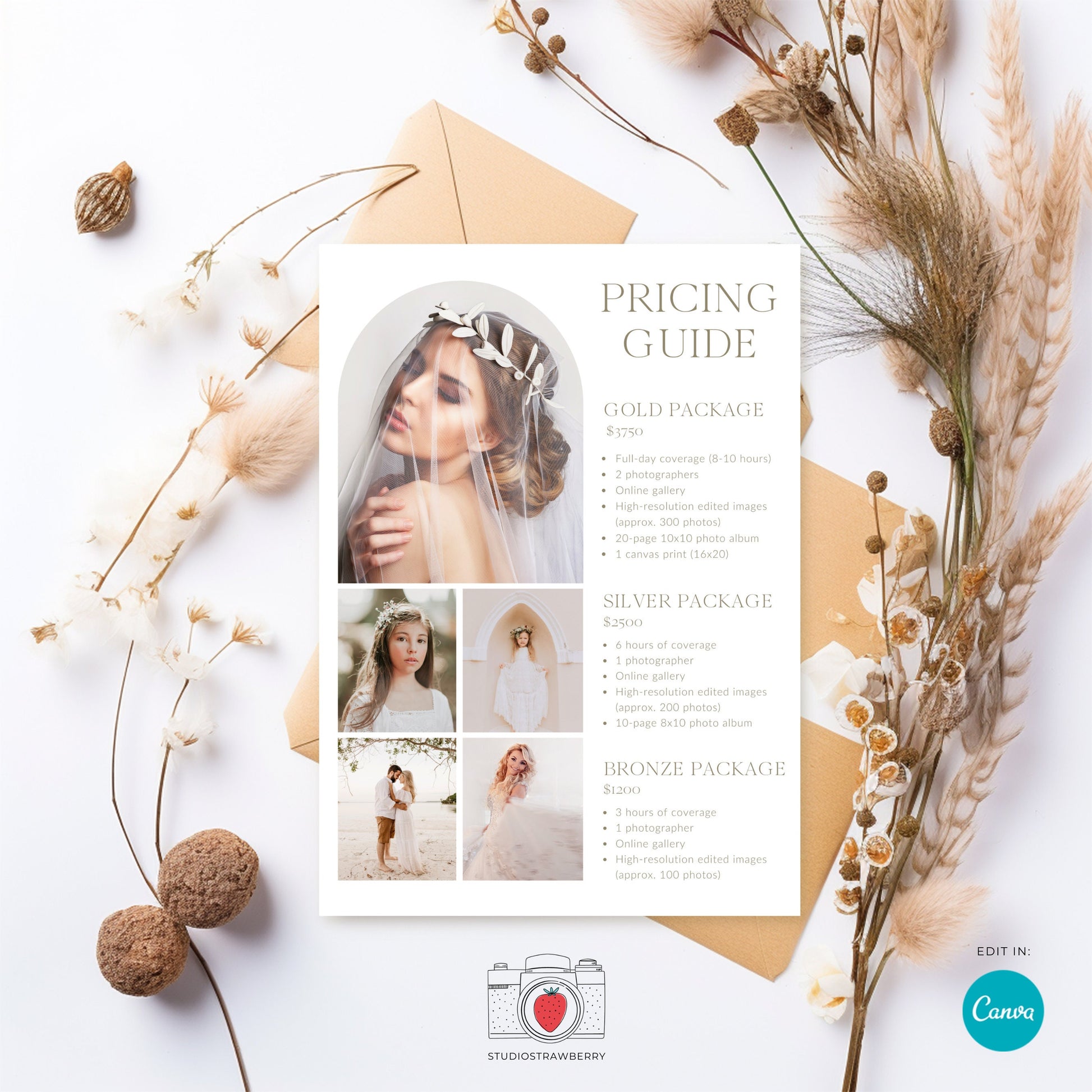 Editable Photography Pricing Guide Template Canva | Minimalist Wedding Photo Price List | Customizable Photographer Service Brochure | C11