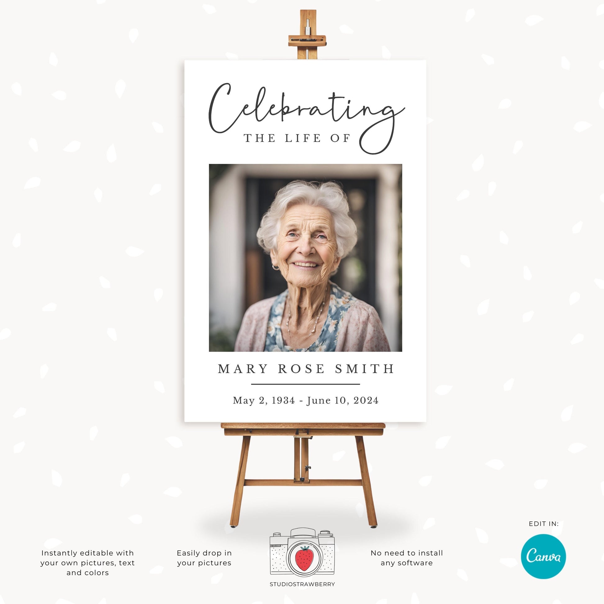 Editable Funeral Photo Sign Template | Memorial Picture Display Poster | Celebration of Life Canva Template