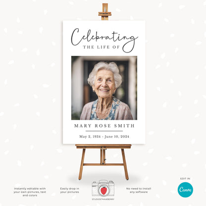 Editable Funeral Photo Sign Template | Memorial Picture Display Poster | Celebration of Life Canva Template