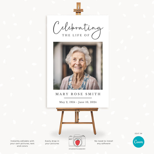 Editable Funeral Photo Sign Template | Memorial Picture Display Poster | Celebration of Life Canva Template