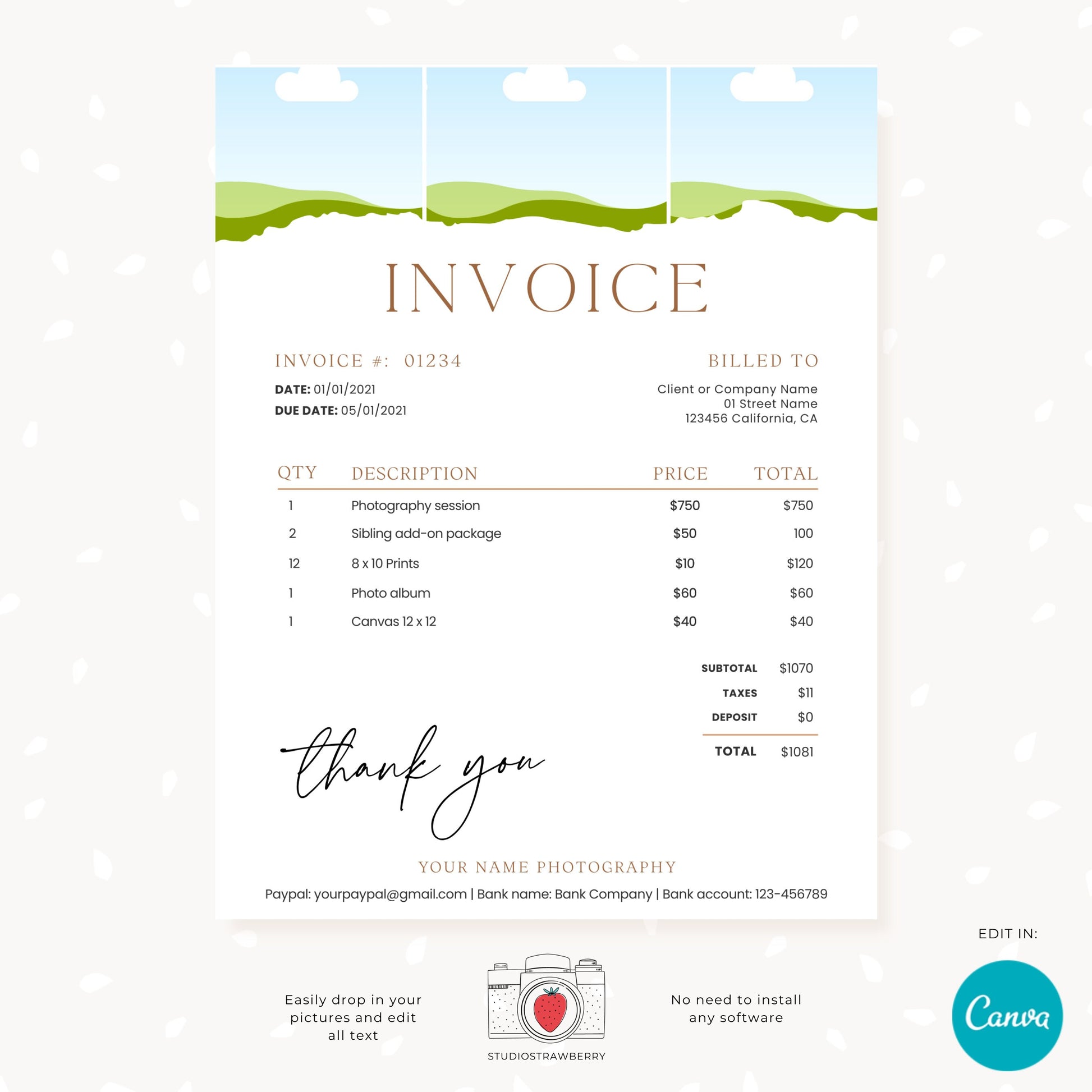 Editable Invoice Template with Photos | Customizable Canva Design for Photographers | Printable, C10