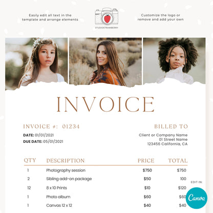 Editable Invoice Template with Photos | Customizable Canva Design for Photographers | Printable, C10