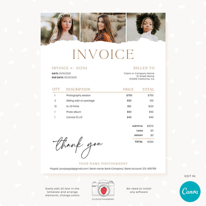 Editable Invoice Template with Photos | Customizable Canva Design for Photographers | Printable, C10