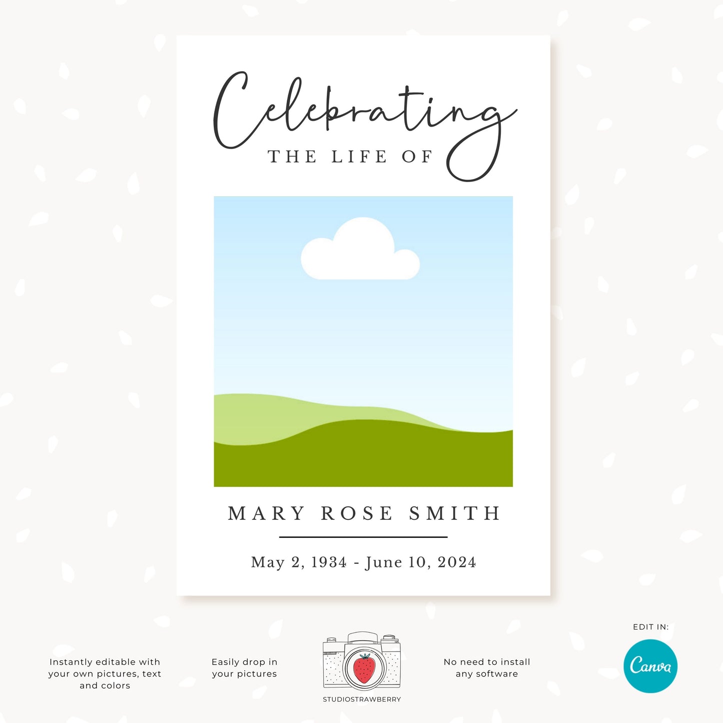 Celebration of life photo collage template for Canva, with customizable images and text to commemorate loved ones.