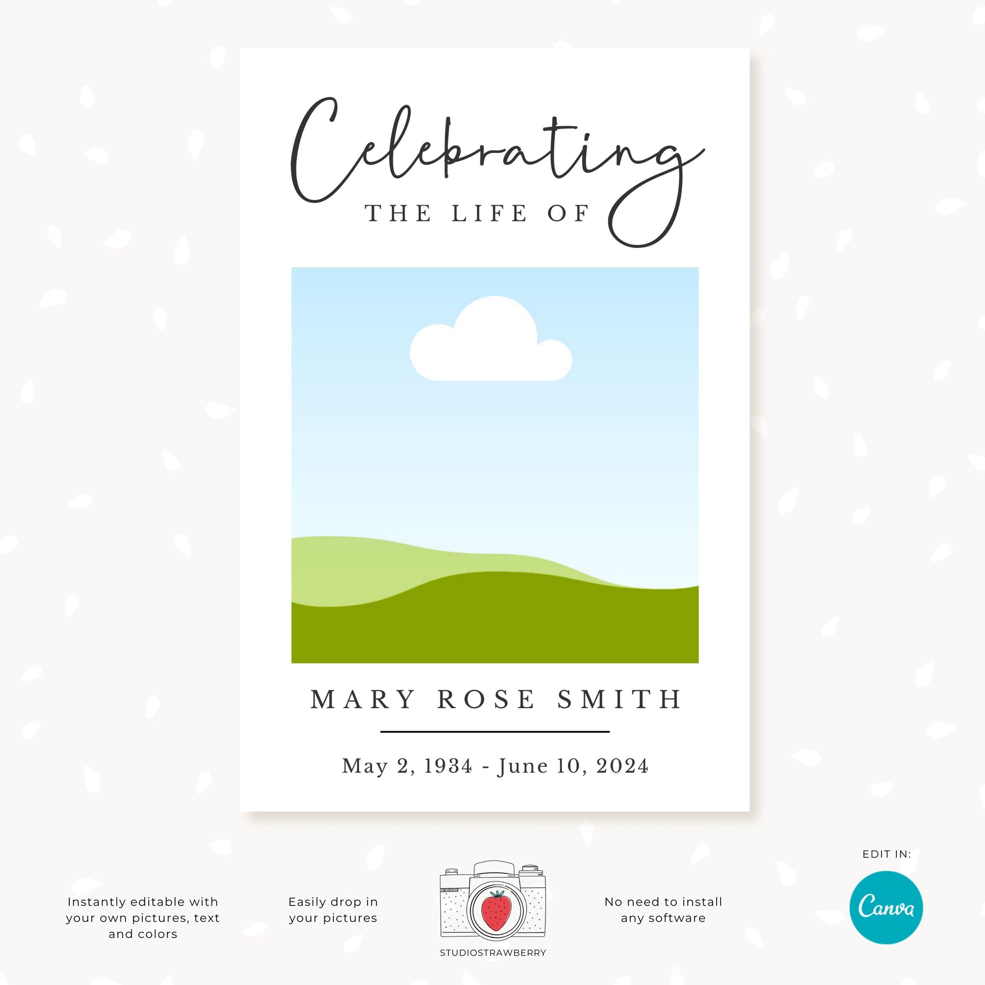 Celebration of life photo collage template for Canva, with customizable images and text to commemorate loved ones.