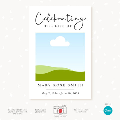 Celebration of life photo collage template for Canva, with customizable images and text to commemorate loved ones.