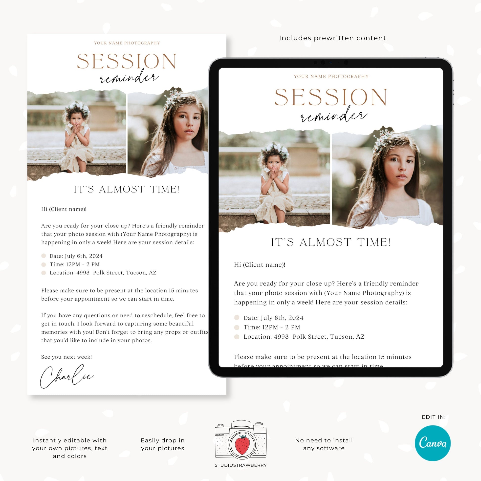 Photography Session Reminder Email Template | Customizable Canva Design for Professional Photographers | C10