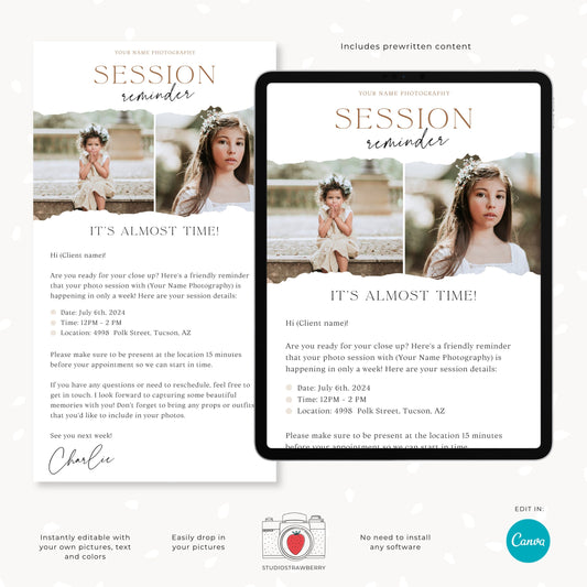 Photography Session Reminder Email Template | Customizable Canva Design for Professional Photographers | C10