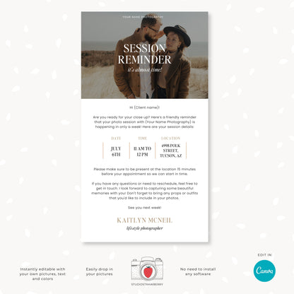 Photography Session Reminder Template | Customizable Canva Design for Professional Photographers | C12