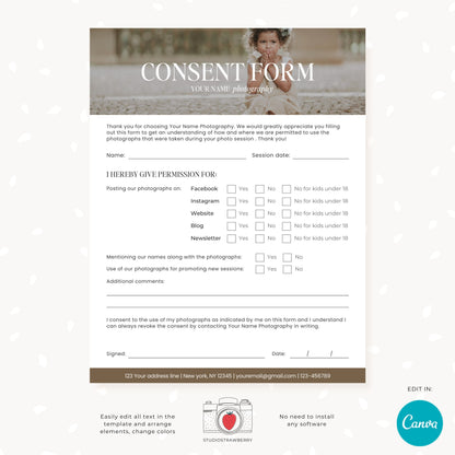Photography consent form template with photo, permissions template, Social media use, Website use, Publishing permission clients C12