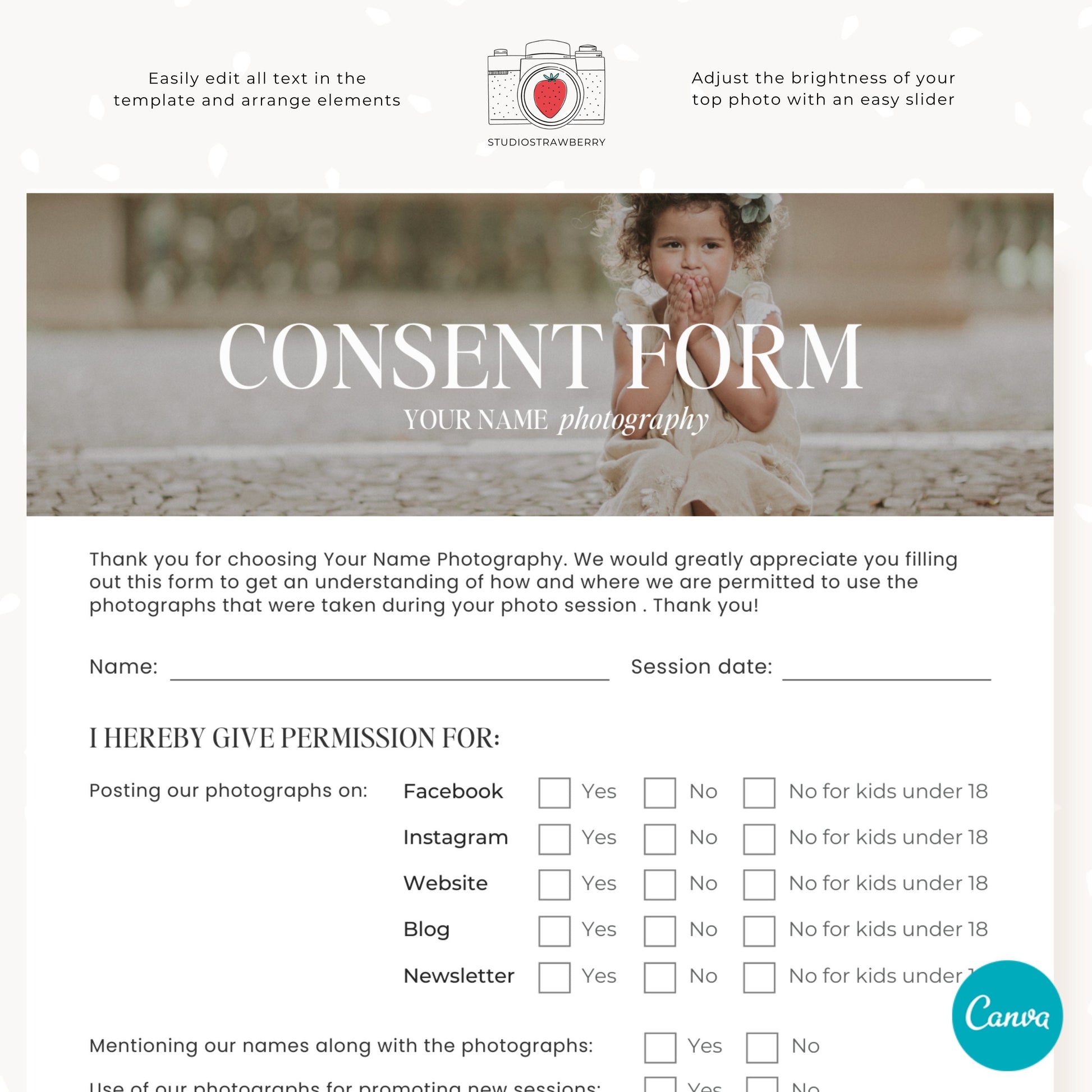 Photography consent form template with photo, permissions template, Social media use, Website use, Publishing permission clients C12