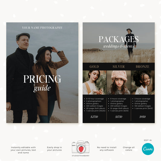 Editable Modern Photography Pricing Guide Template | Customizable Canva Photography Pricing Guide | Printable Wedding and Event Pricing C12