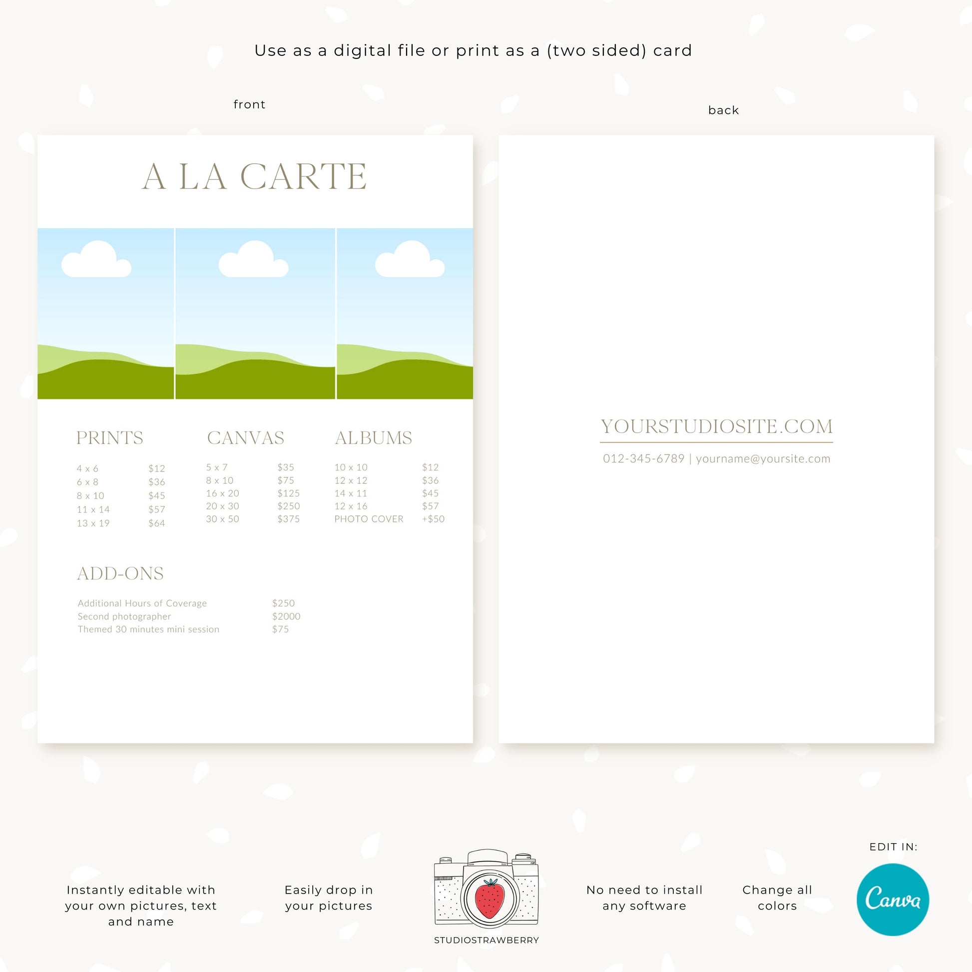 Editable Photography Pricing Guide Template Canva | Minimalist Wedding Photo Price List | Customizable Photographer Service Brochure | C11