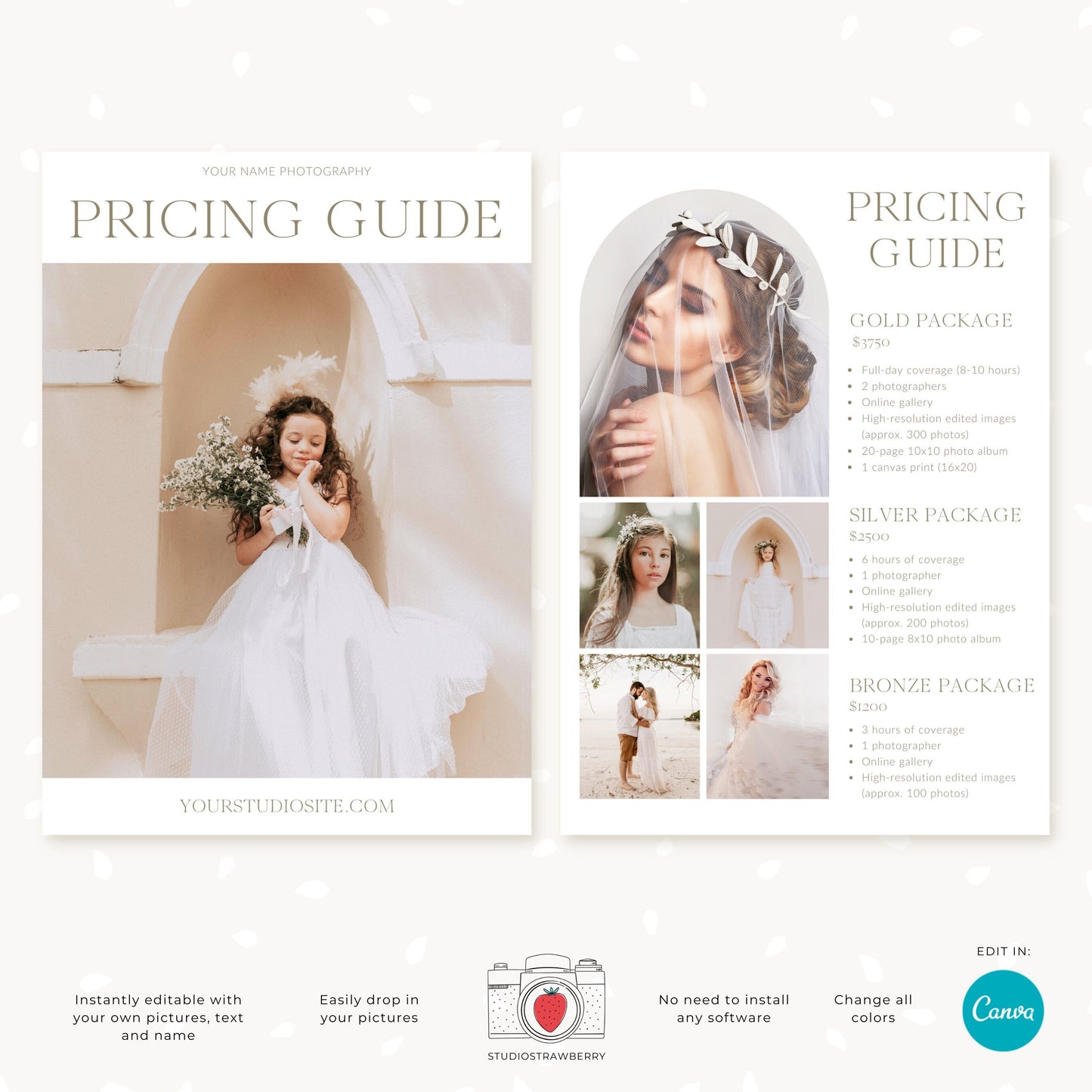 Editable Photography Pricing Guide Template Canva | Minimalist Wedding Photo Price List | Customizable Photographer Service Brochure | C11