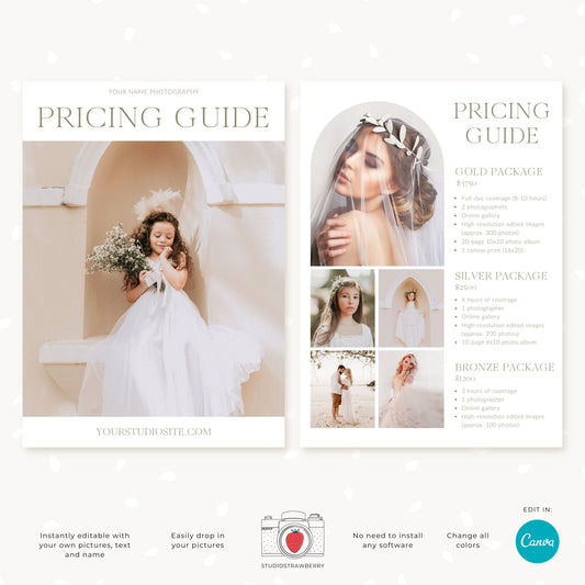 Editable Photography Pricing Guide Template Canva | Minimalist Wedding Photo Price List | Customizable Photographer Service Brochure | C11