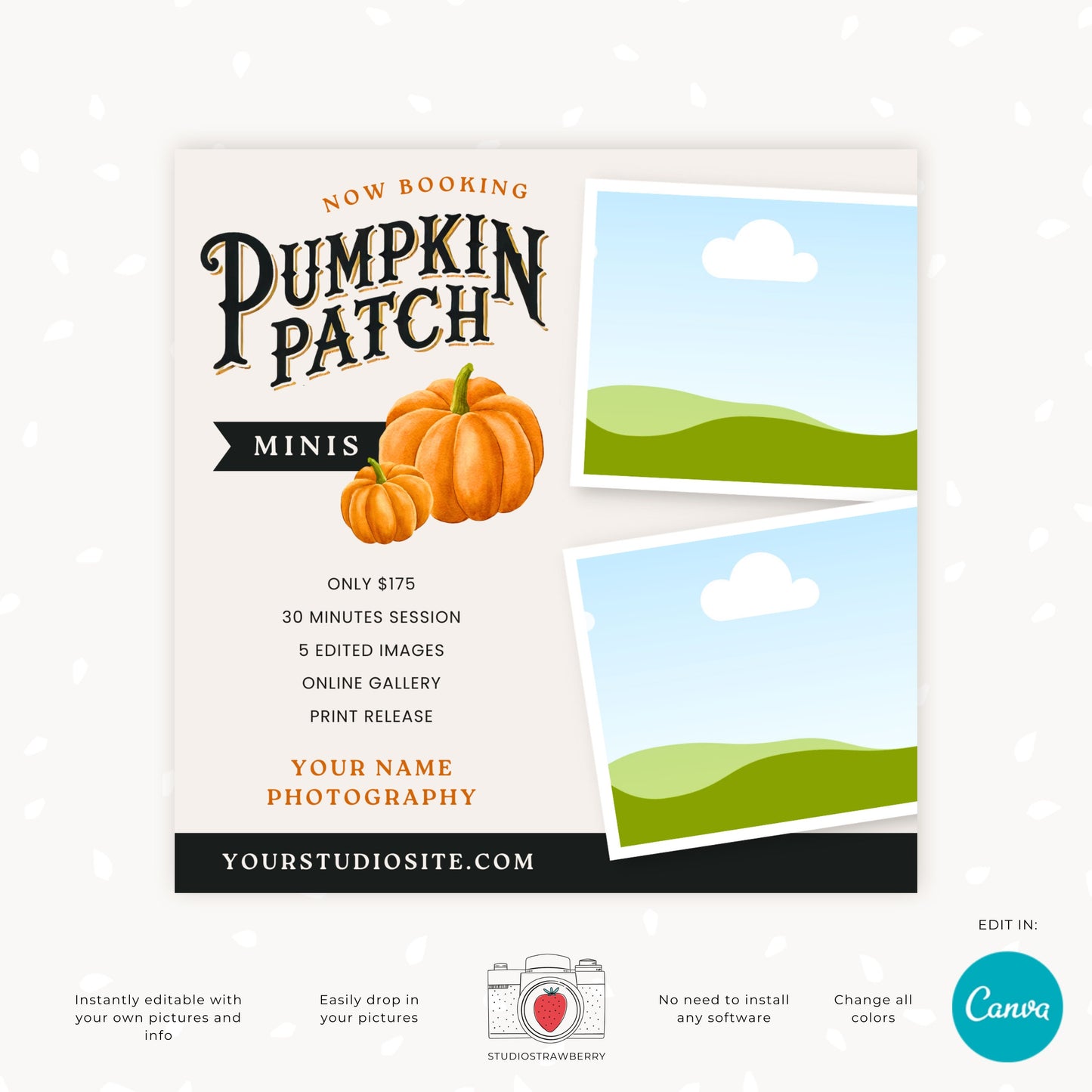 Editable Pumpkin Patch Mini Sessions Template | Customizable Canva Design for Fall Photography