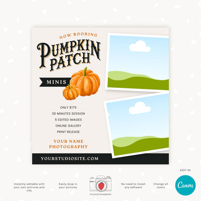 Editable Pumpkin Patch Mini Sessions Template | Customizable Canva Design for Fall Photography