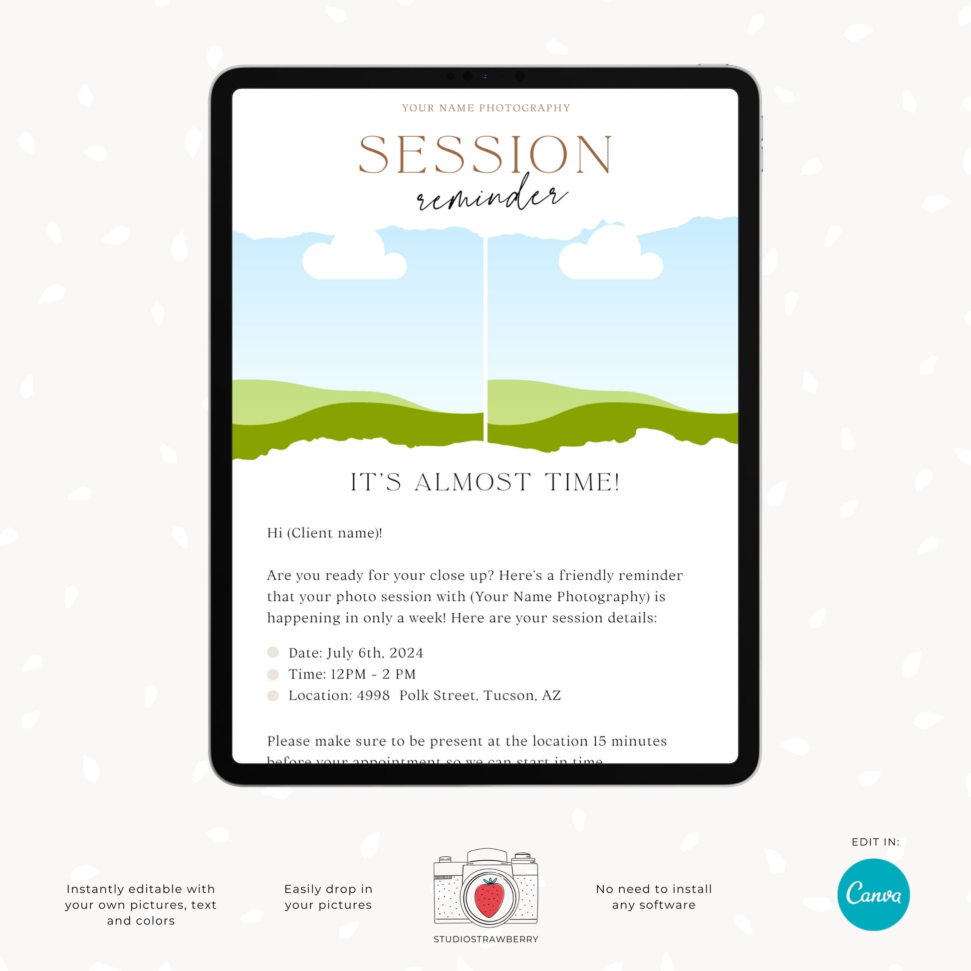 Photography Session Reminder Email Template | Customizable Canva Design for Professional Photographers | C10