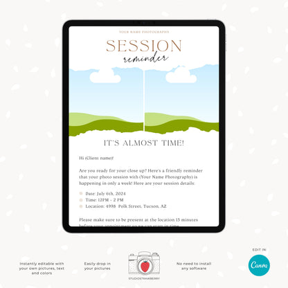 Photography Session Reminder Email Template | Customizable Canva Design for Professional Photographers | C10