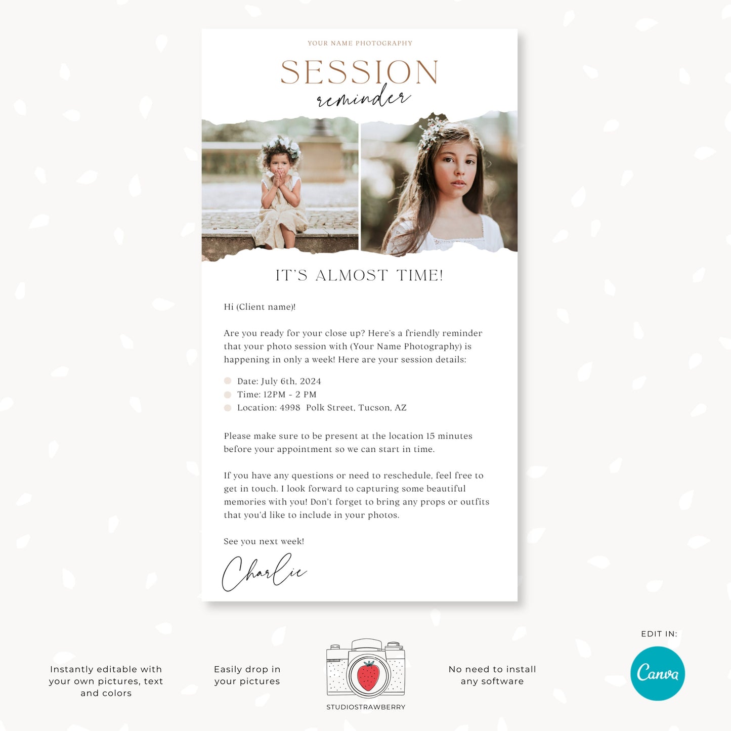 Photography Session Reminder Email Template | Customizable Canva Design for Professional Photographers | C10