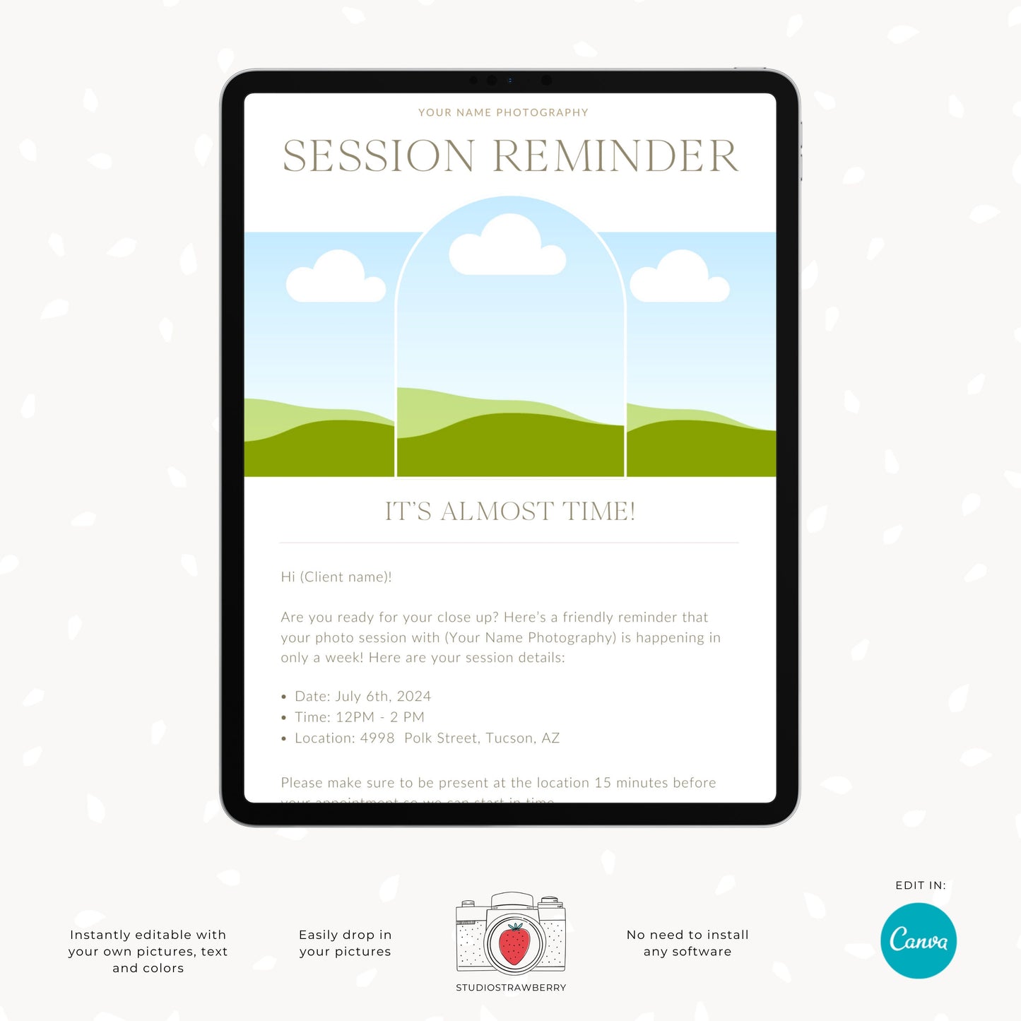 Minimalist Photography Session Reminder Email Template | Customizable Canva Design for Photographers | C11