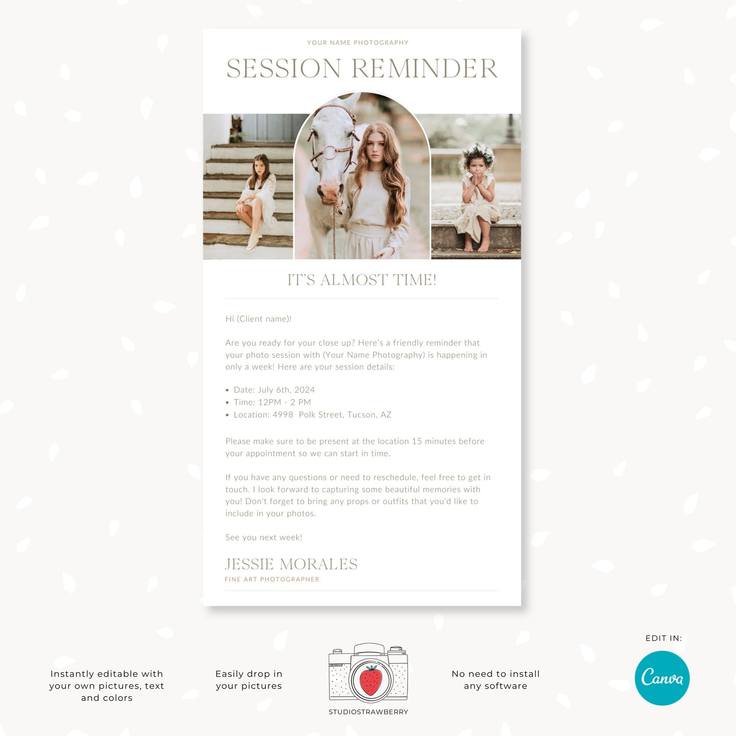 Minimalist Photography Session Reminder Email Template | Customizable Canva Design for Photographers | C11