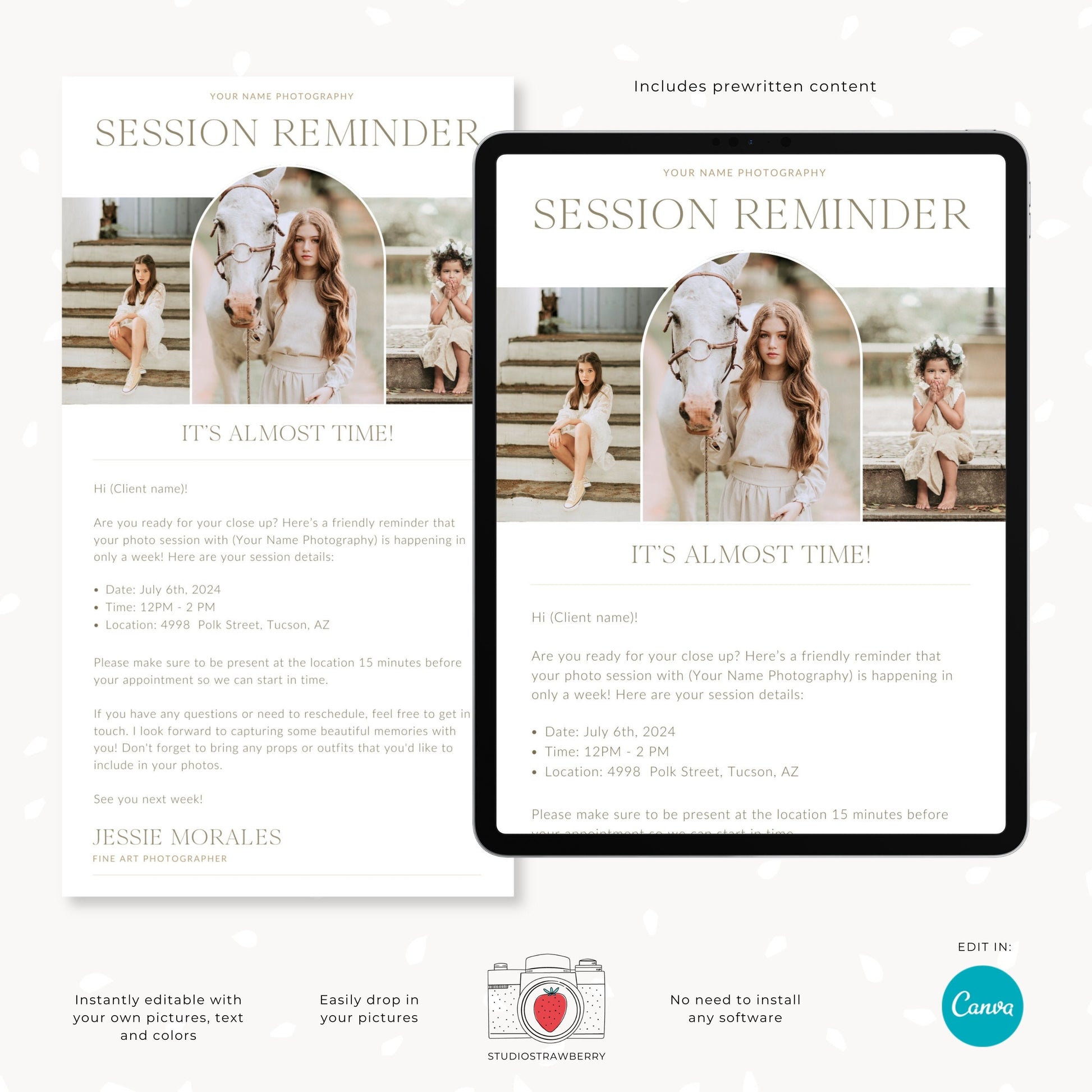 Minimalist Photography Session Reminder Email Template | Customizable Canva Design for Photographers | C11