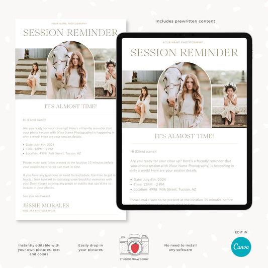 Minimalist Photography Session Reminder Email Template | Customizable Canva Design for Photographers | C11