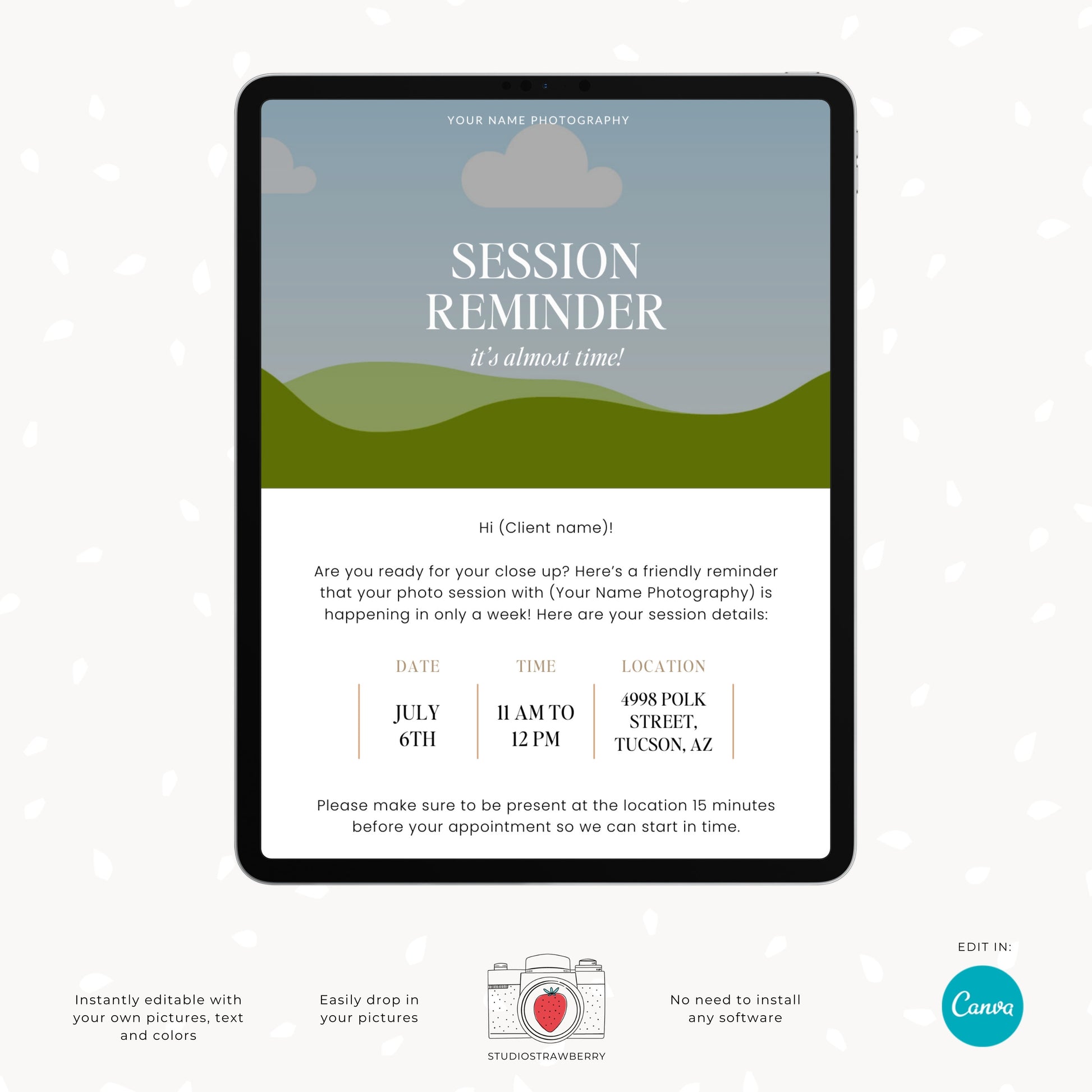Photography Session Reminder Template | Customizable Canva Design for Professional Photographers | C12