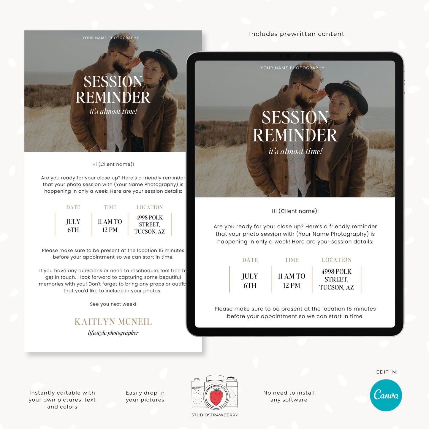 Photography Session Reminder Template | Customizable Canva Design for Professional Photographers | C12