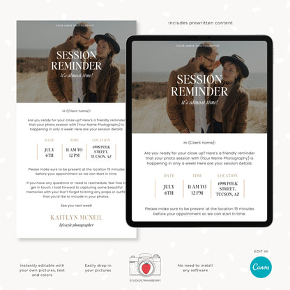 Photography Session Reminder Template | Customizable Canva Design for Professional Photographers | C12