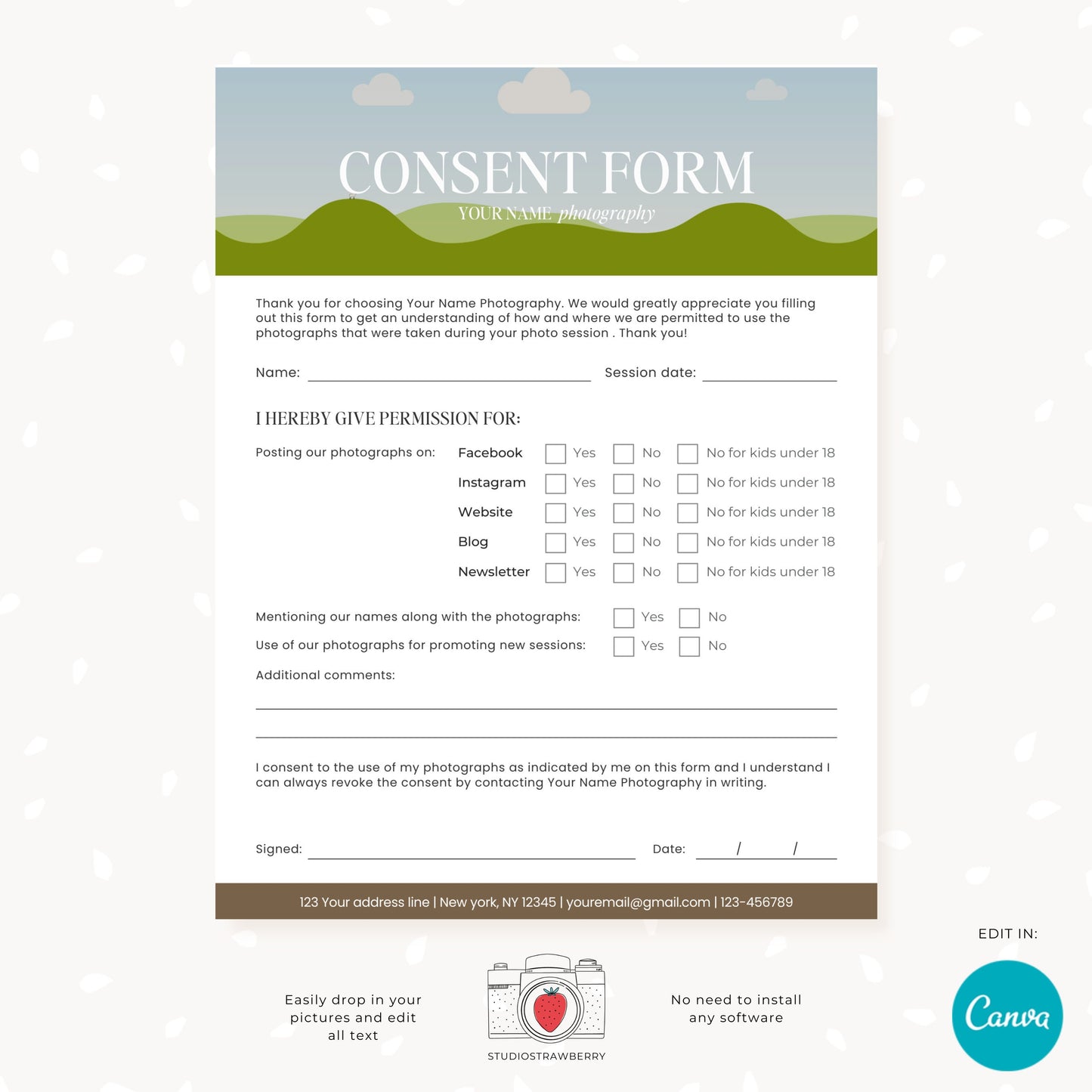 Photography consent form template with photo, permissions template, Social media use, Website use, Publishing permission clients C12