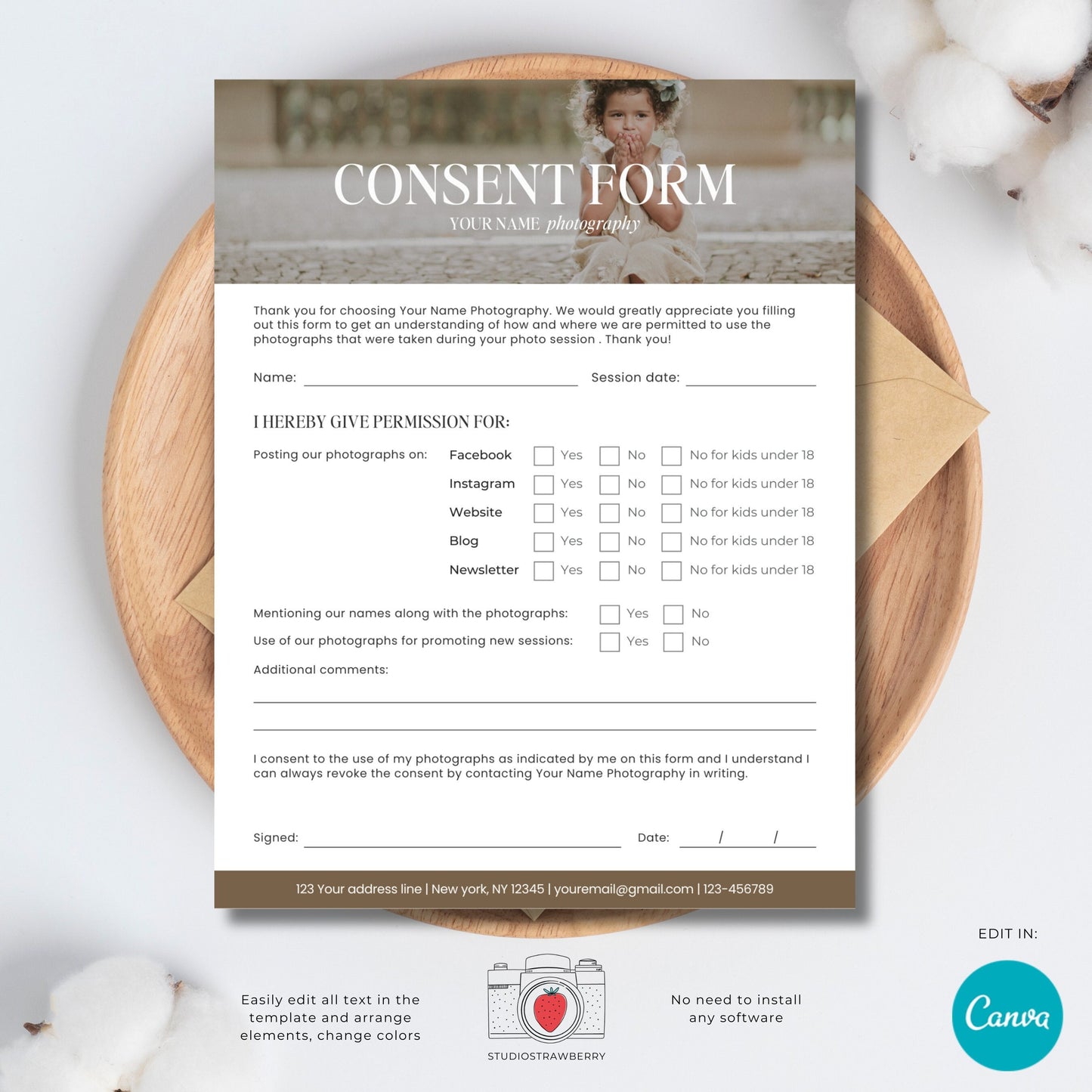 Photography consent form template with photo, permissions template, Social media use, Website use, Publishing permission clients C12