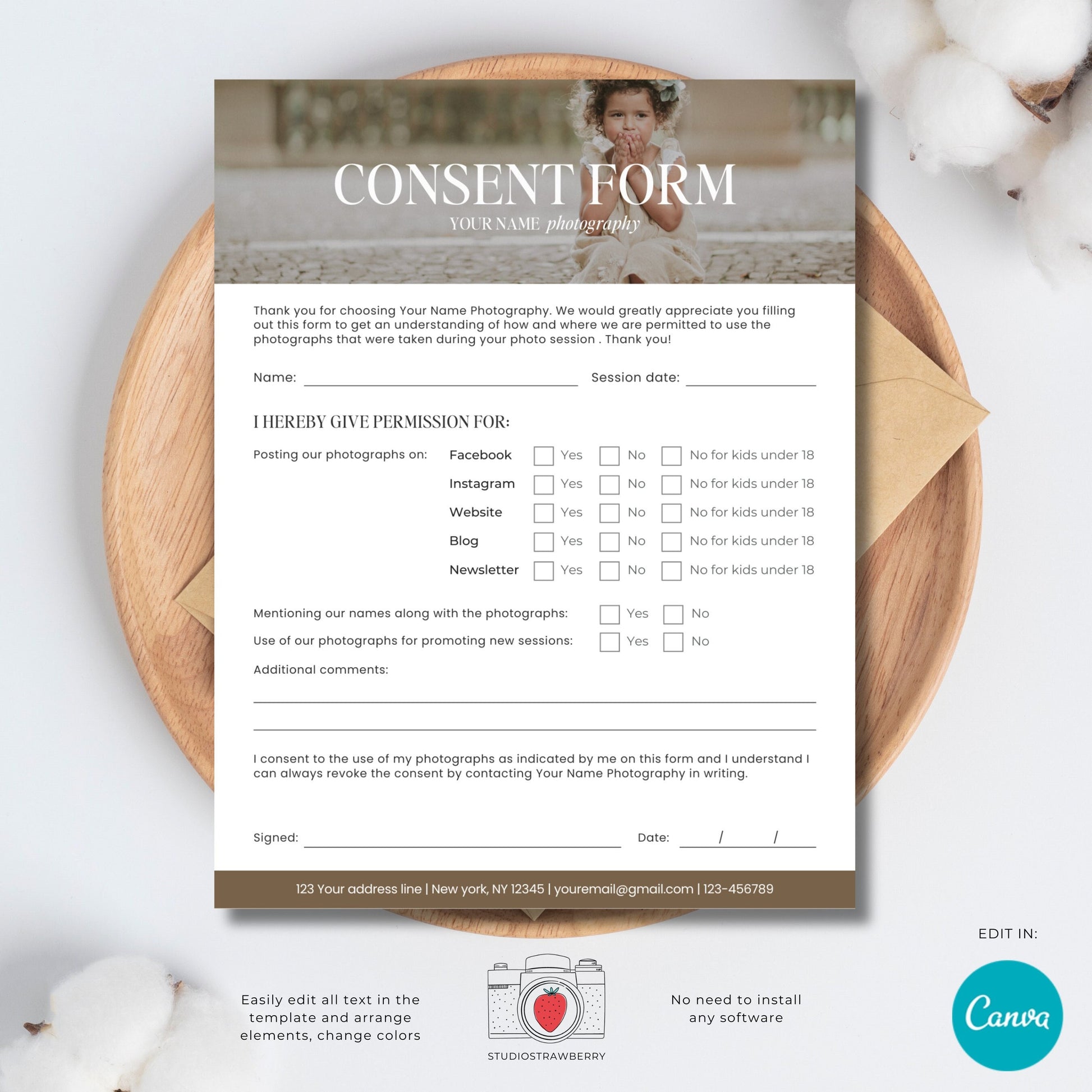 Photography consent form template with photo, permissions template, Social media use, Website use, Publishing permission clients C12
