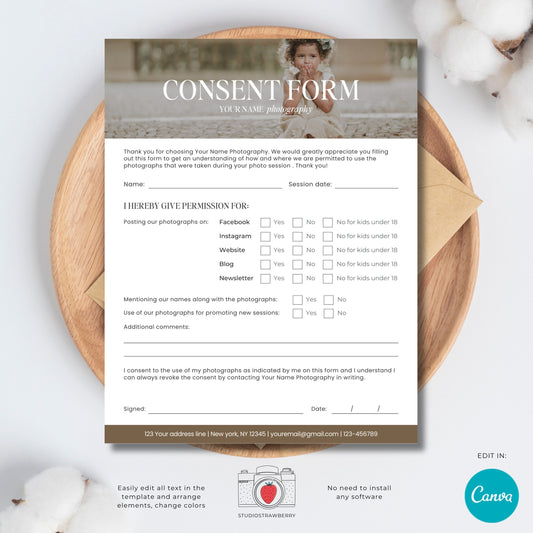 Photography consent form template with photo, permissions template, Social media use, Website use, Publishing permission clients C12