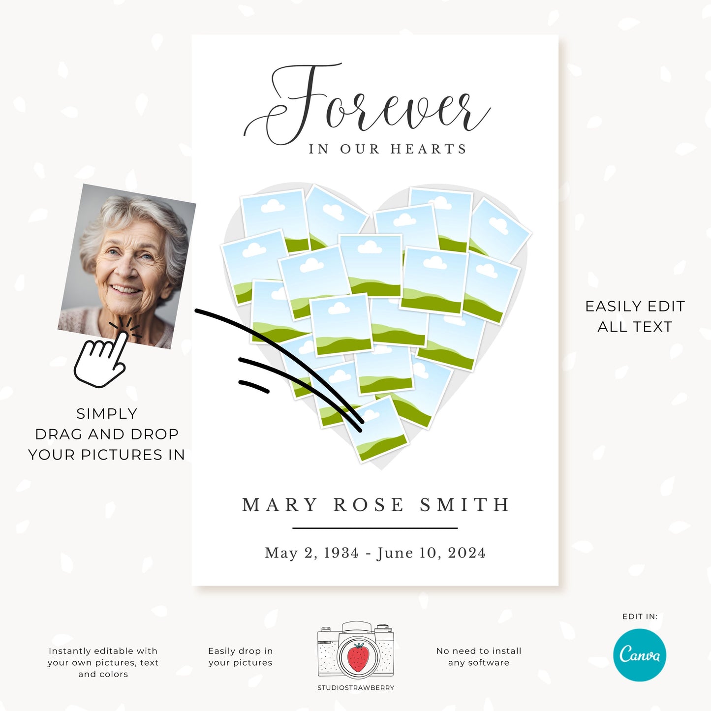 Heart-Shaped Photo Collage Funeral Sign | Customizable Canva Memorial Template